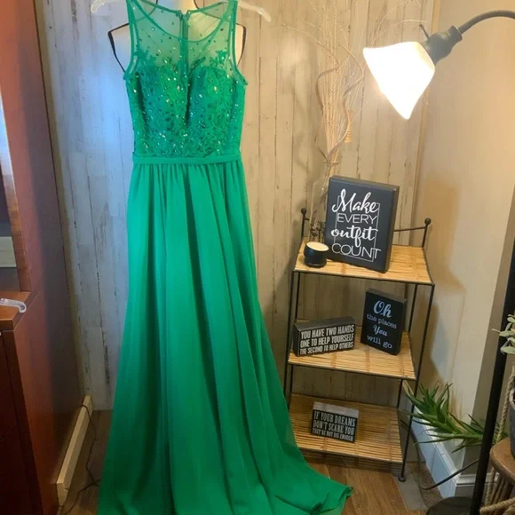sachin and babi light blue dress Monica Glitter Gown Emerald Green main image 1